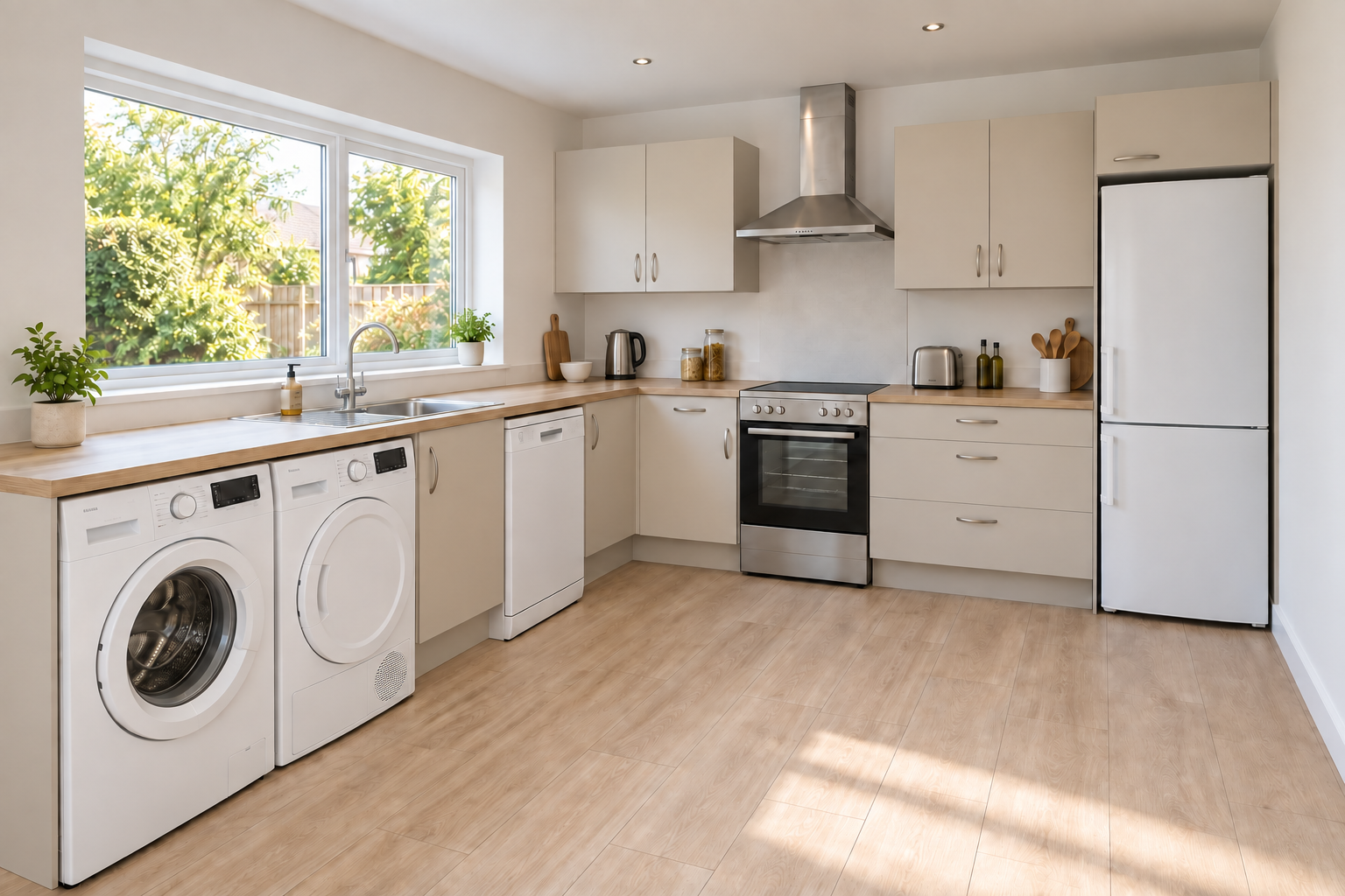 Illustrative L-shaped HAUZ kitchen with Sand handled doors, San Remo Oak worktops and freestanding appliances